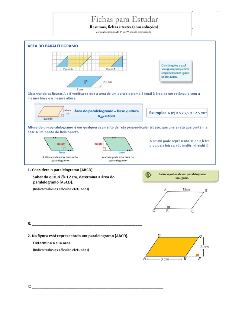 Ficha - Matematica - 5 - Ano - Area Paralelogramo | PDF