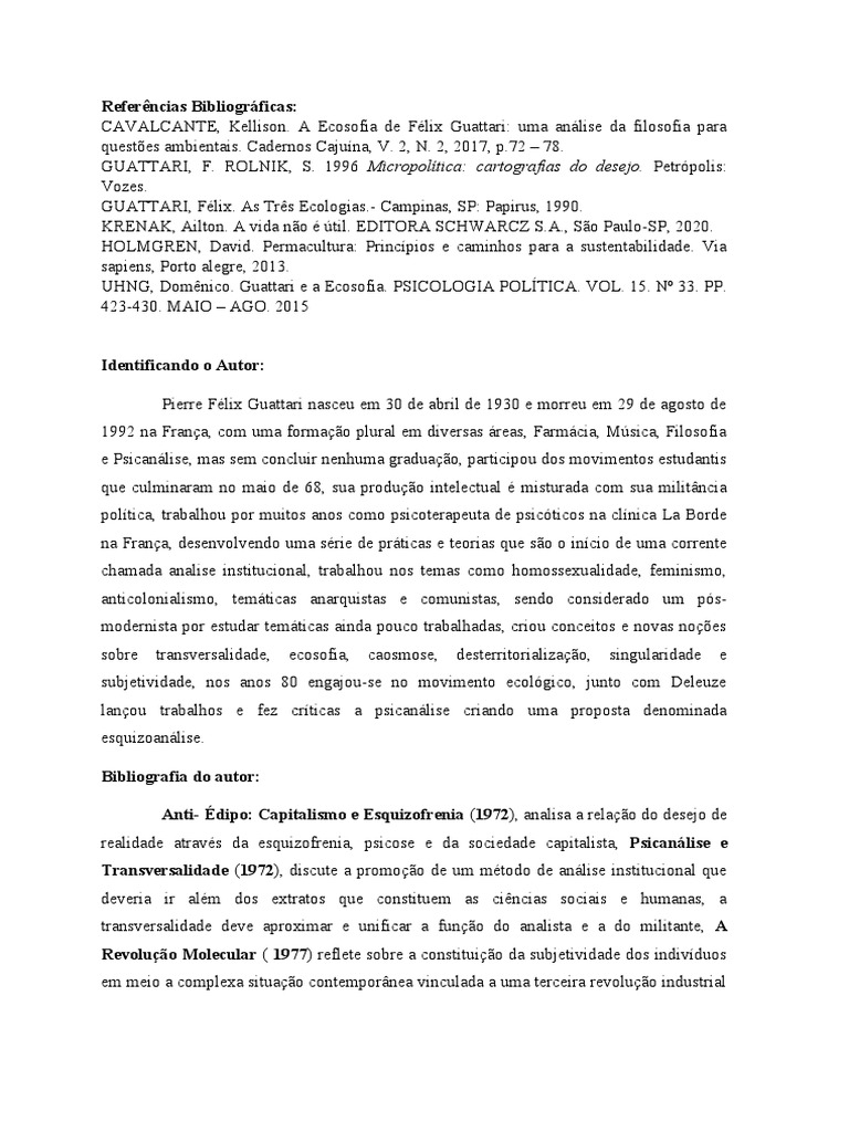As três ecologias de Guattari PDF Sociologia Ecologia