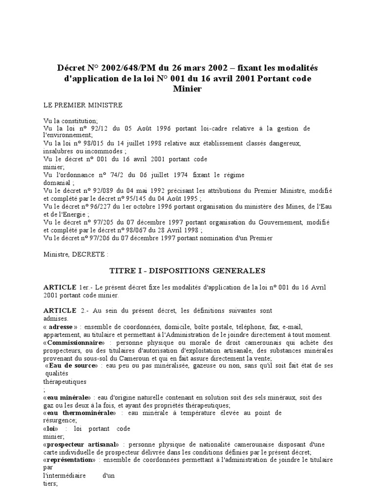 Modalités d'application du Code Minier | PDF | Exploitation minière ...