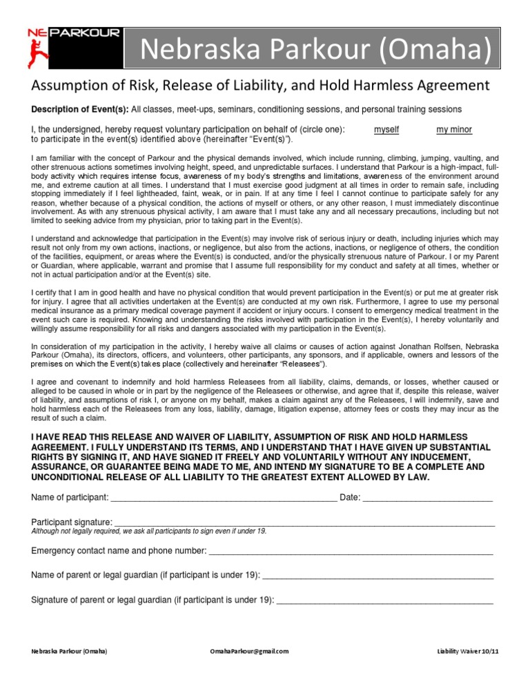 Nebraska Parkour (Waiver) Indemnity Civil Law (Legal System)