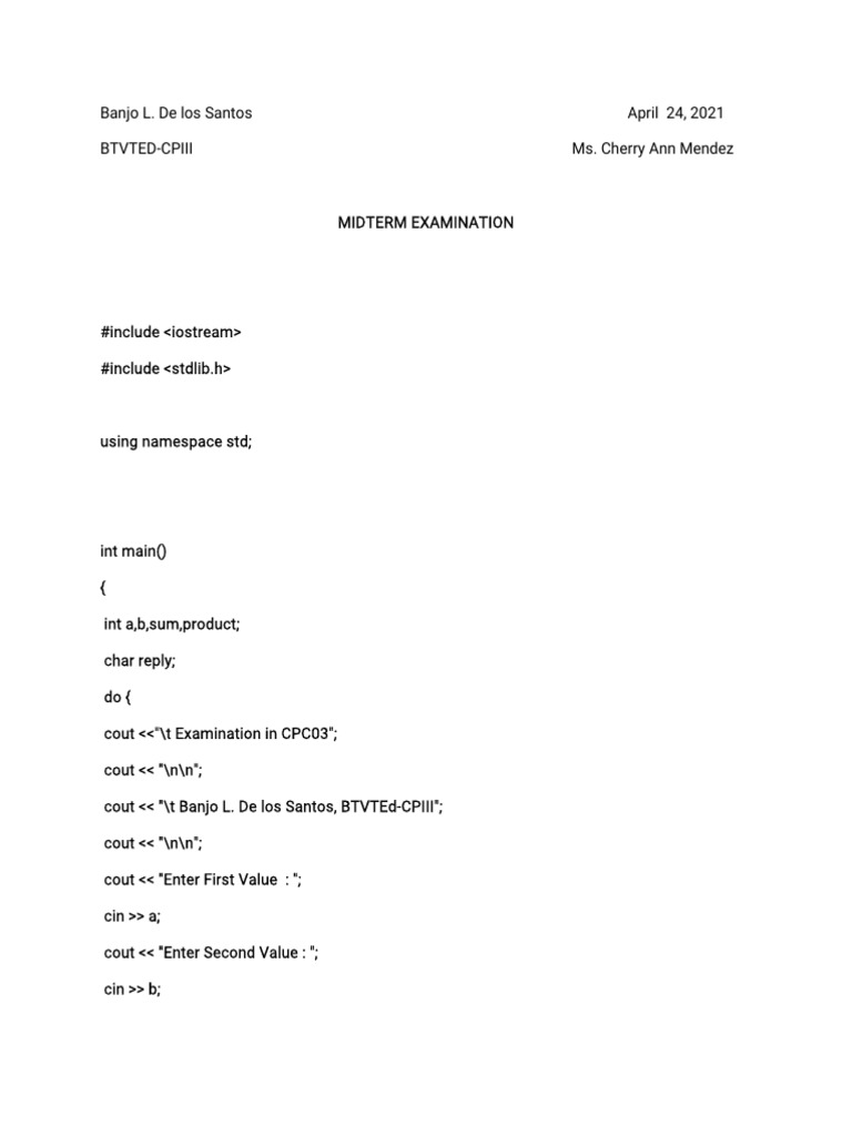 C++ Midterm Exam Program Example | PDF
