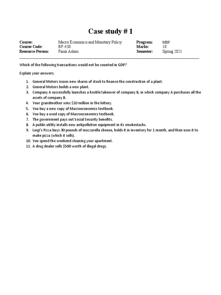 Case Study # 1: Course: Program: Course Code: Marks: Resource Person ...