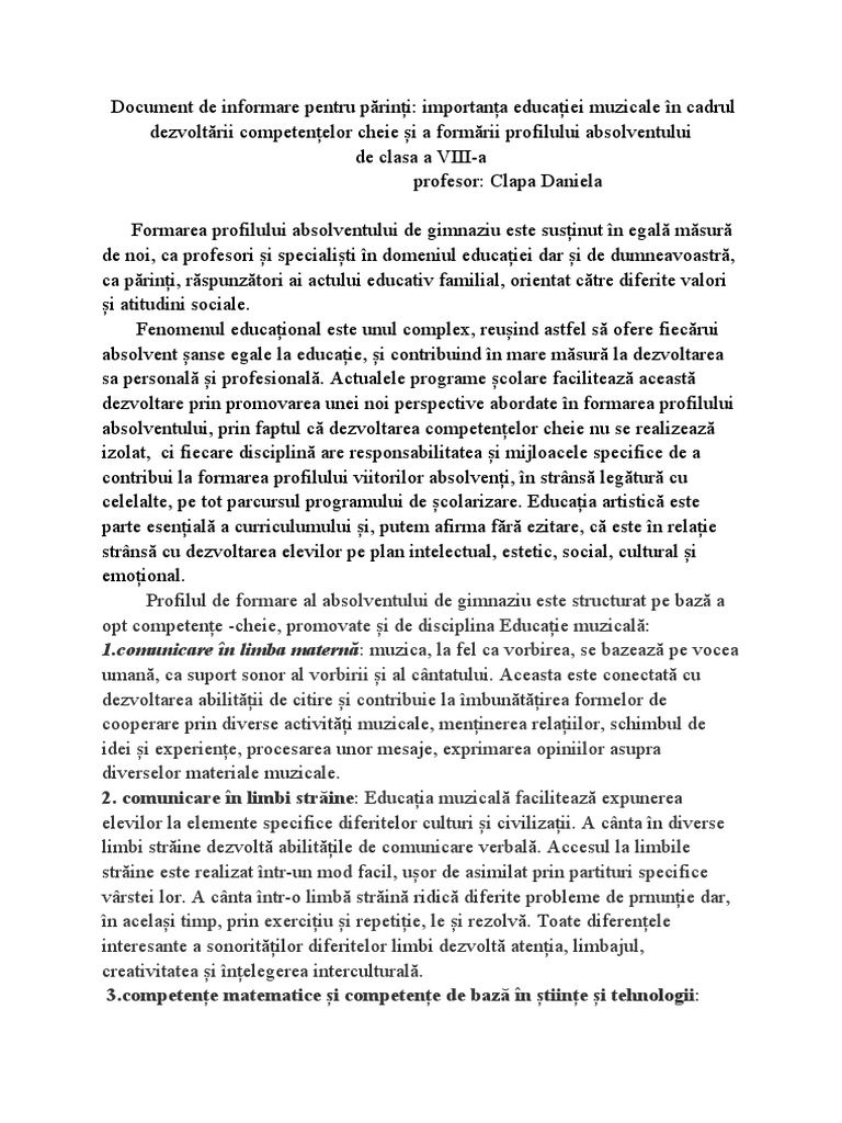 Document de Informare Părinți: Profilul de Formare Prezentat Părinților ...