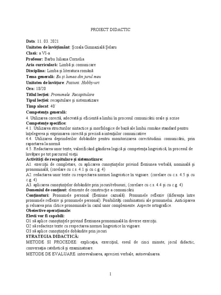 Proiect Pronumele Recapitulare | PDF