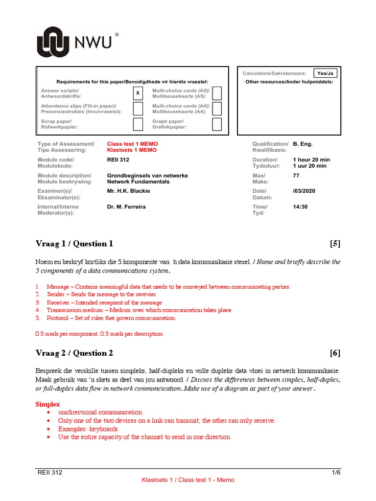 Vraag 1 / Question 1 (5) : Class Test 1 MEMO Klastoets 1 MEMO | PDF ...