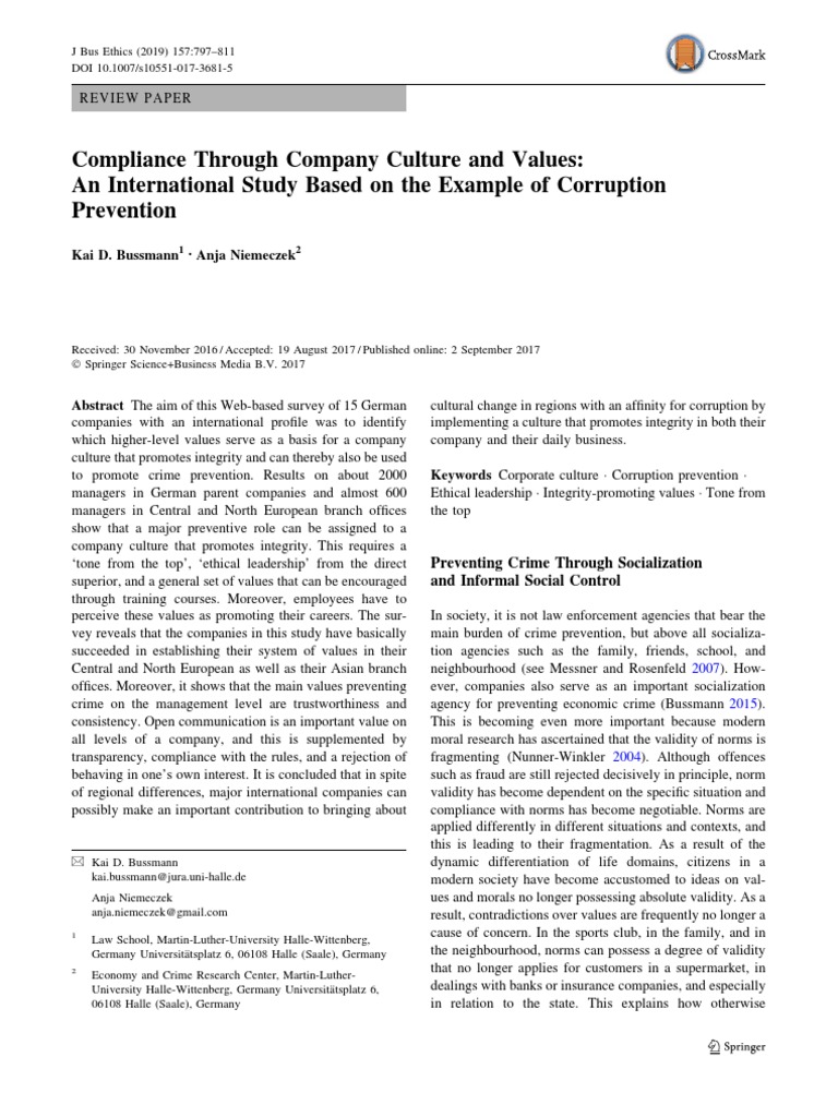 Compliance Through Company Culture and Values: An International Study ...