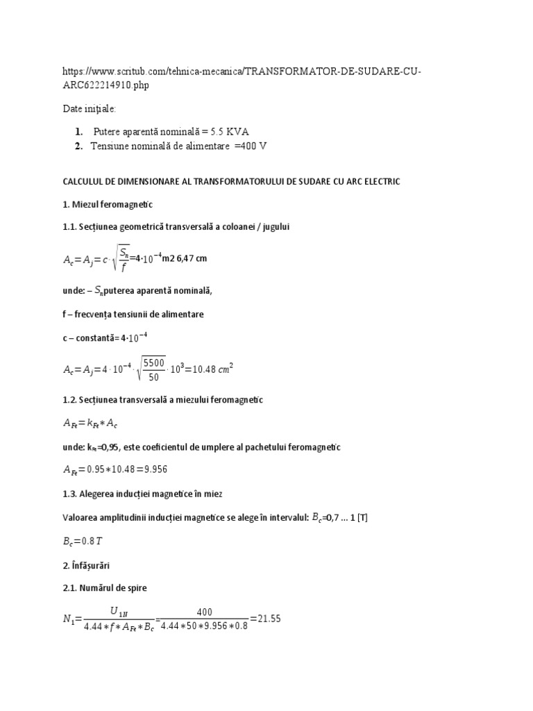Calcul Dimensionare Transformator | PDF