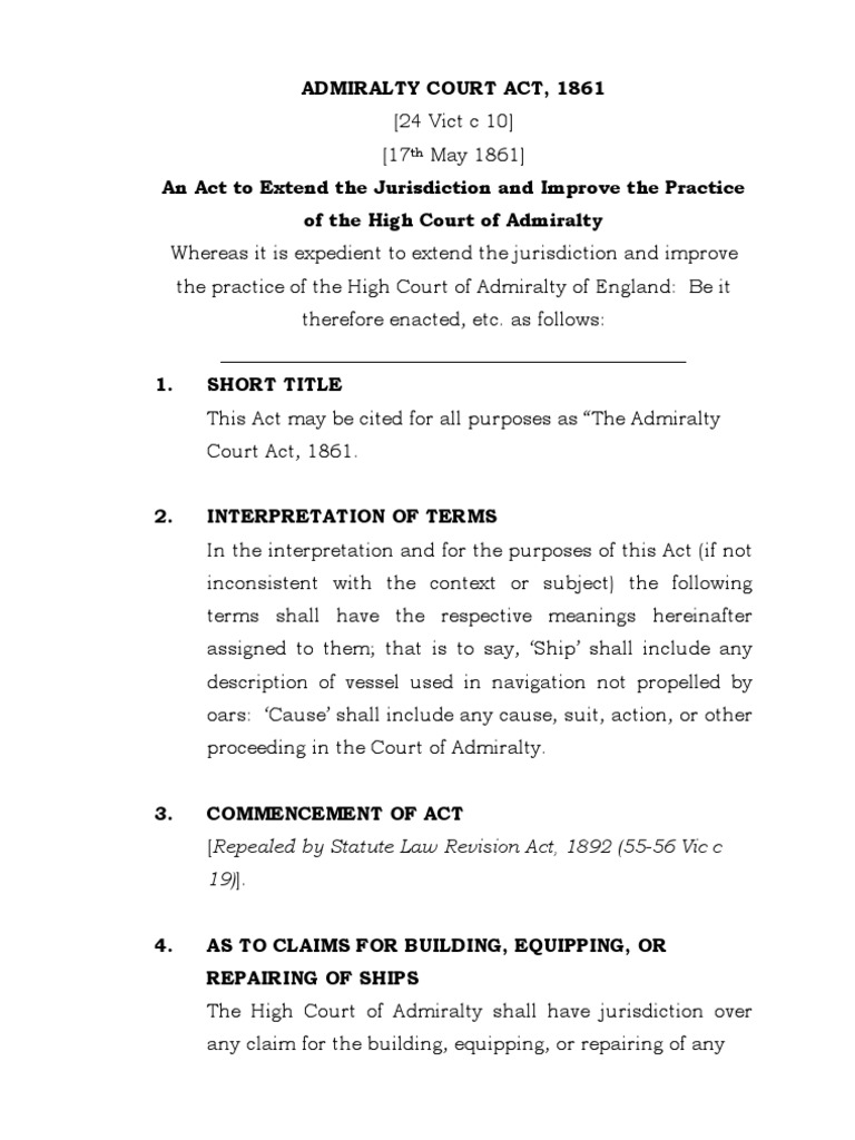Admiralty Court Act 1861 PDF Admiralty Court Jurisdiction