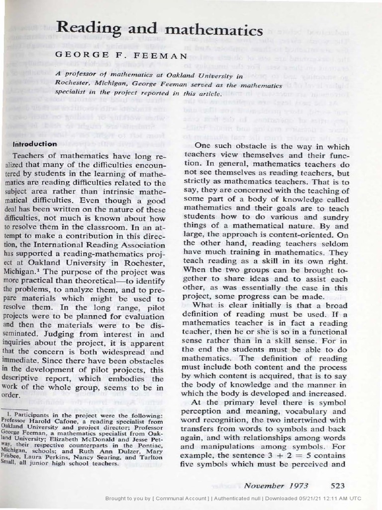 (The Arithmetic Teacher) Reading and Mathematics | PDF | Numbers | Teachers
