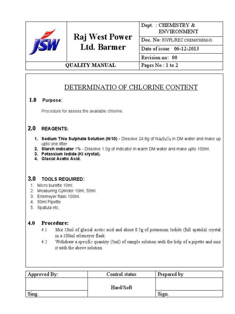 Chlorine Purity Test Procidure. | PDF | Titration | Chemistry