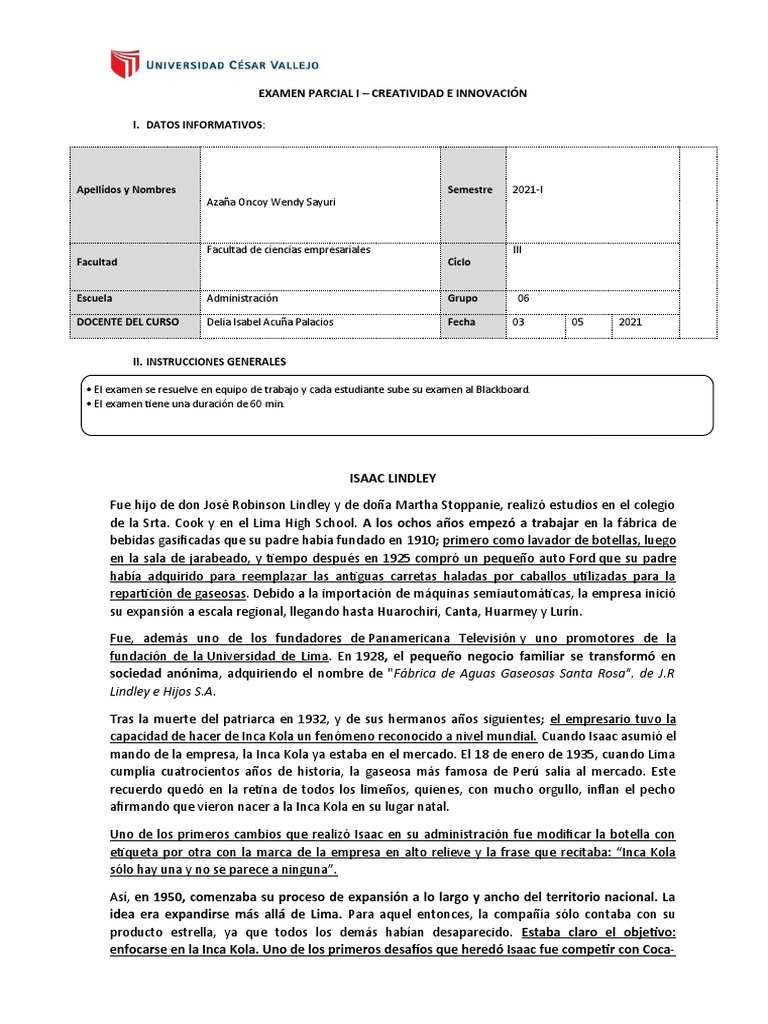 Examen Parcial: Creatividad e Innovación UCV | PDF | Bebidas | Business