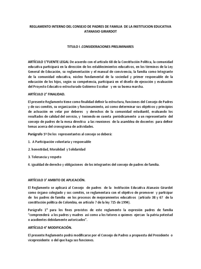 Reglamento Interno del Consejo de Padres | PDF | Quórum | Familia