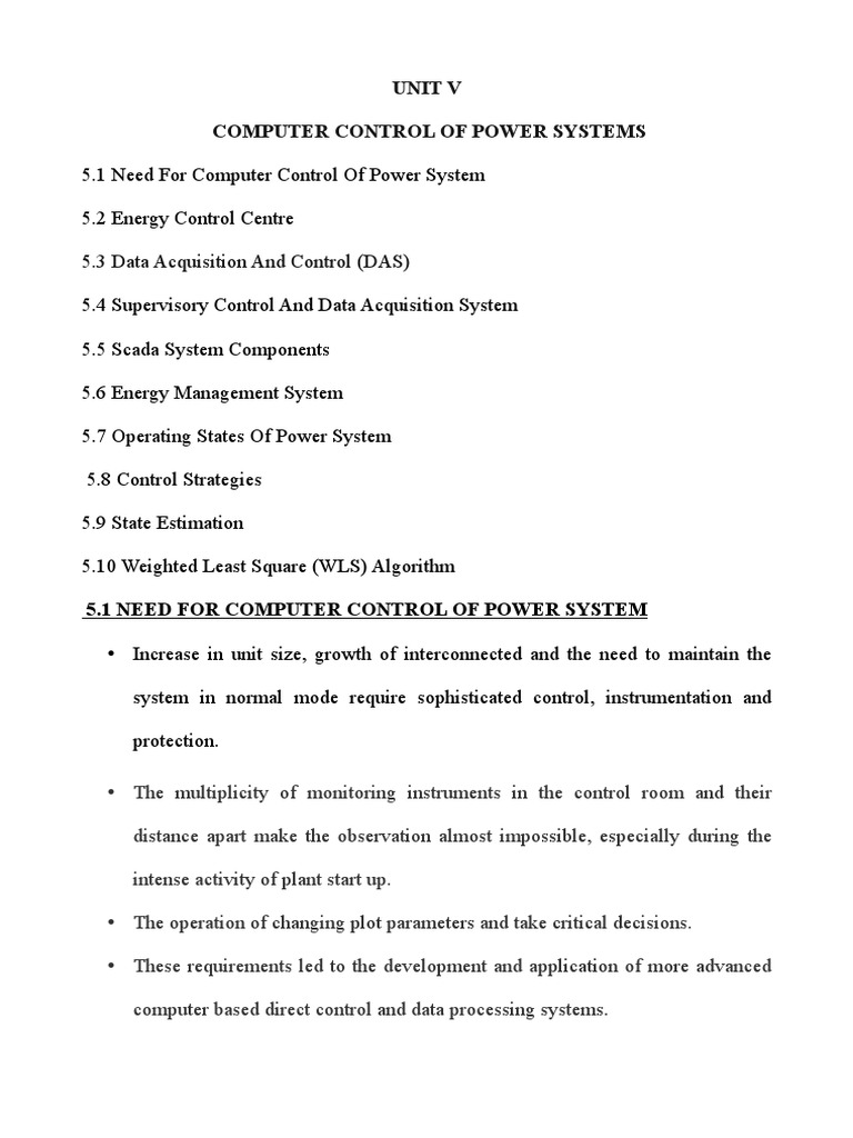 Unit V Computer Control of Power Systems 5.3 Data Acquisition and