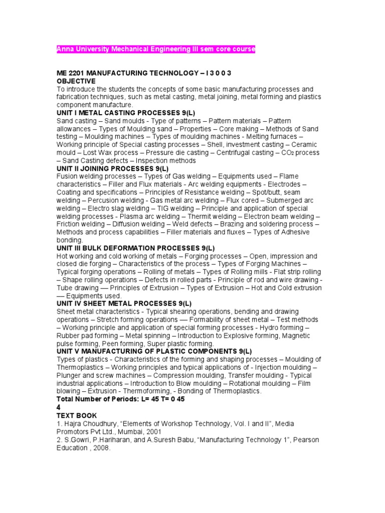 Manufacturing Processes Syllabus PDF Machining Welding