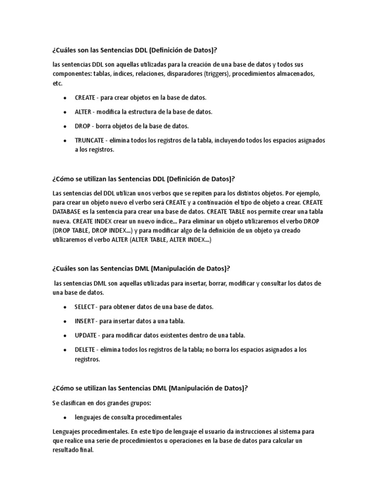 Sentencias DDL y DML en SQL | PDF | SQL | Modelo de datos