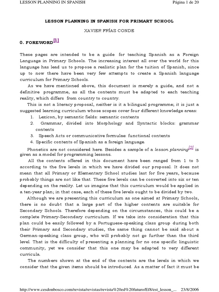 Lesson Planning in Spanish For Primary School PDF Sentence