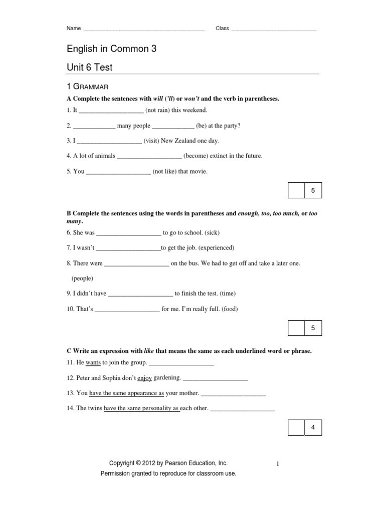 English in Common 3 Unit 6 Test: Many | PDF
