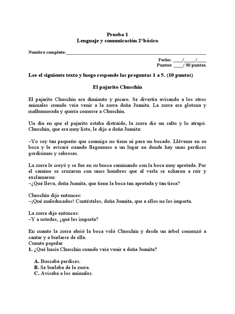 Prueba Lenguaje 2 Básico | PDF | Estudios de idiomas extranjeros