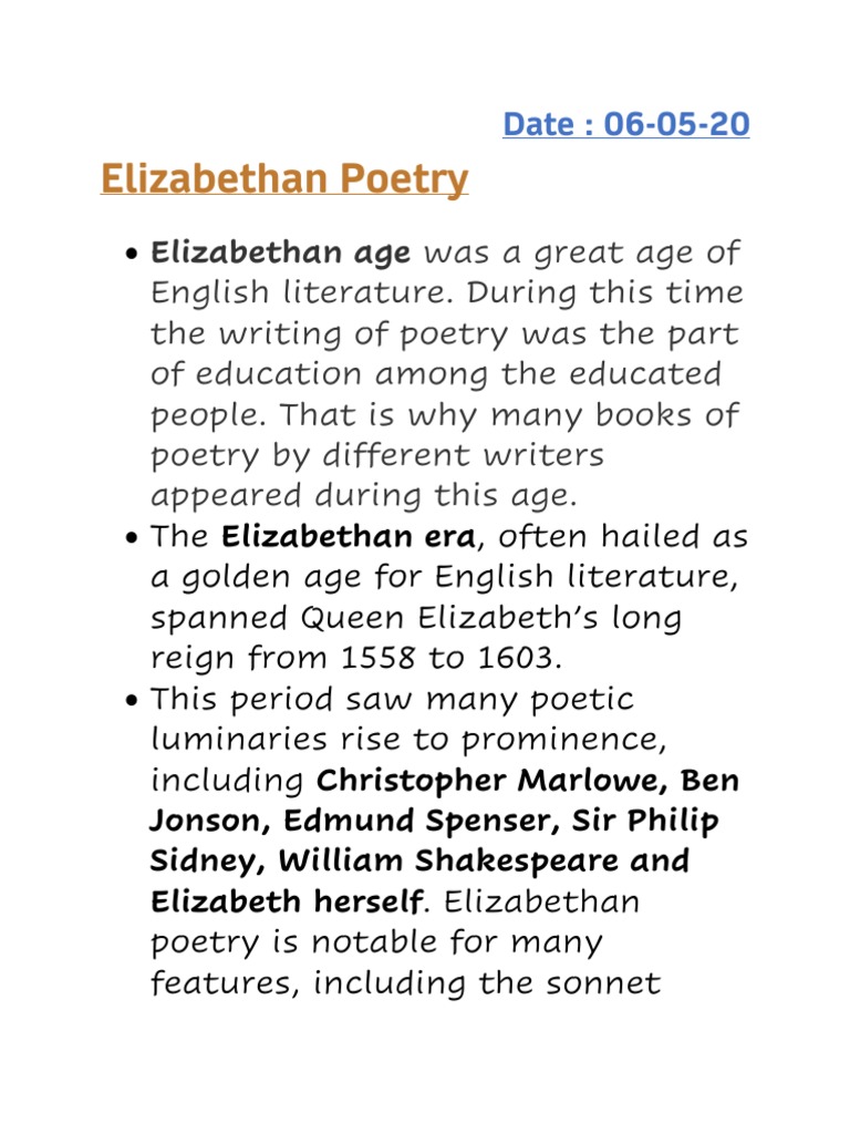 Elizabethan Poetry Elizabethan Age Was A Great Age of PDF