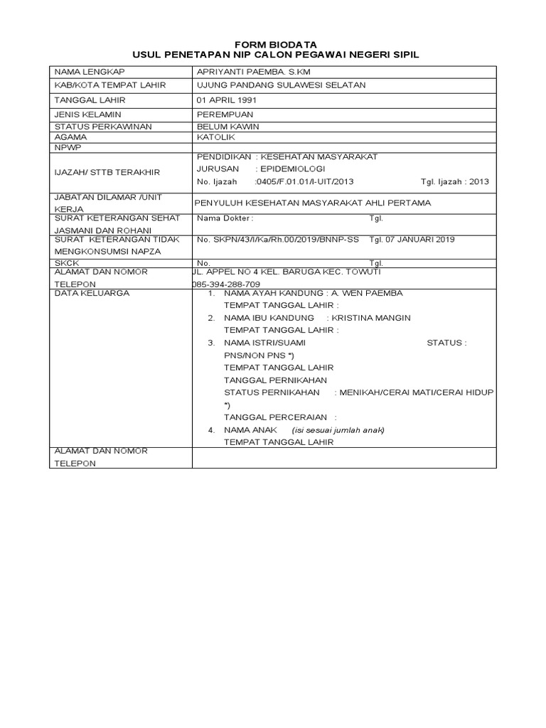 1 Biodata Usul Penetapan Nip | PDF