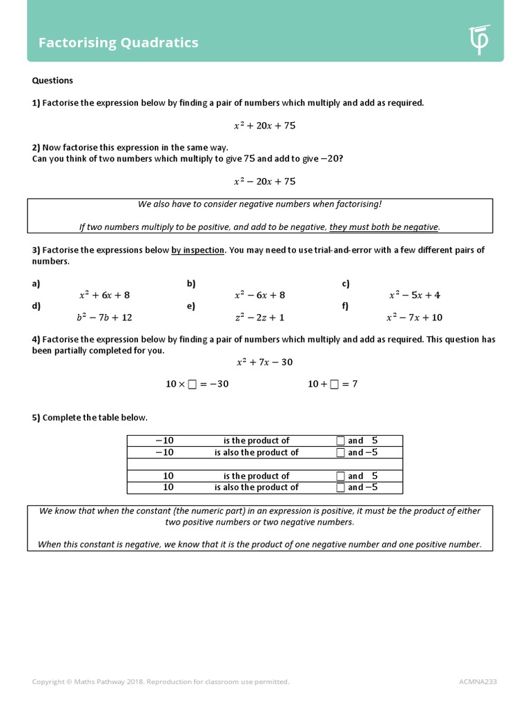 Factorising Quadratics: ACMNA233 | PDF | Mathematical Objects ...