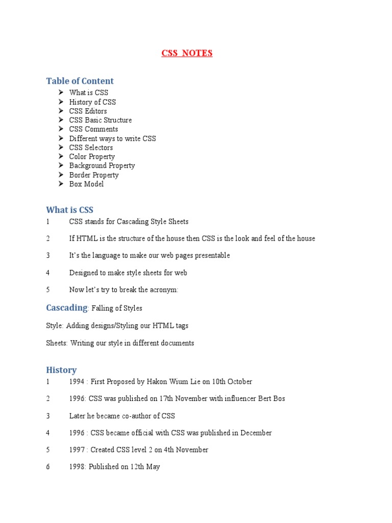 Table of Content: Css Notes | PDF | Html Element | Html
