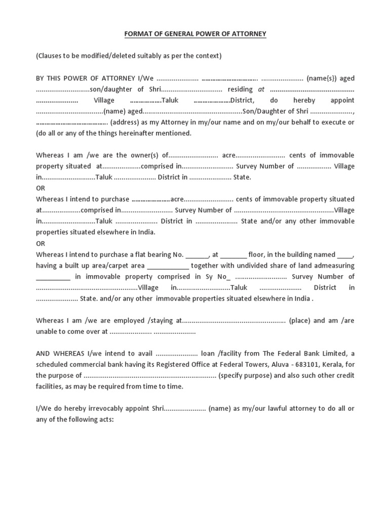 General Power of Attorney Format | PDF | Credit | Finance & Money ...