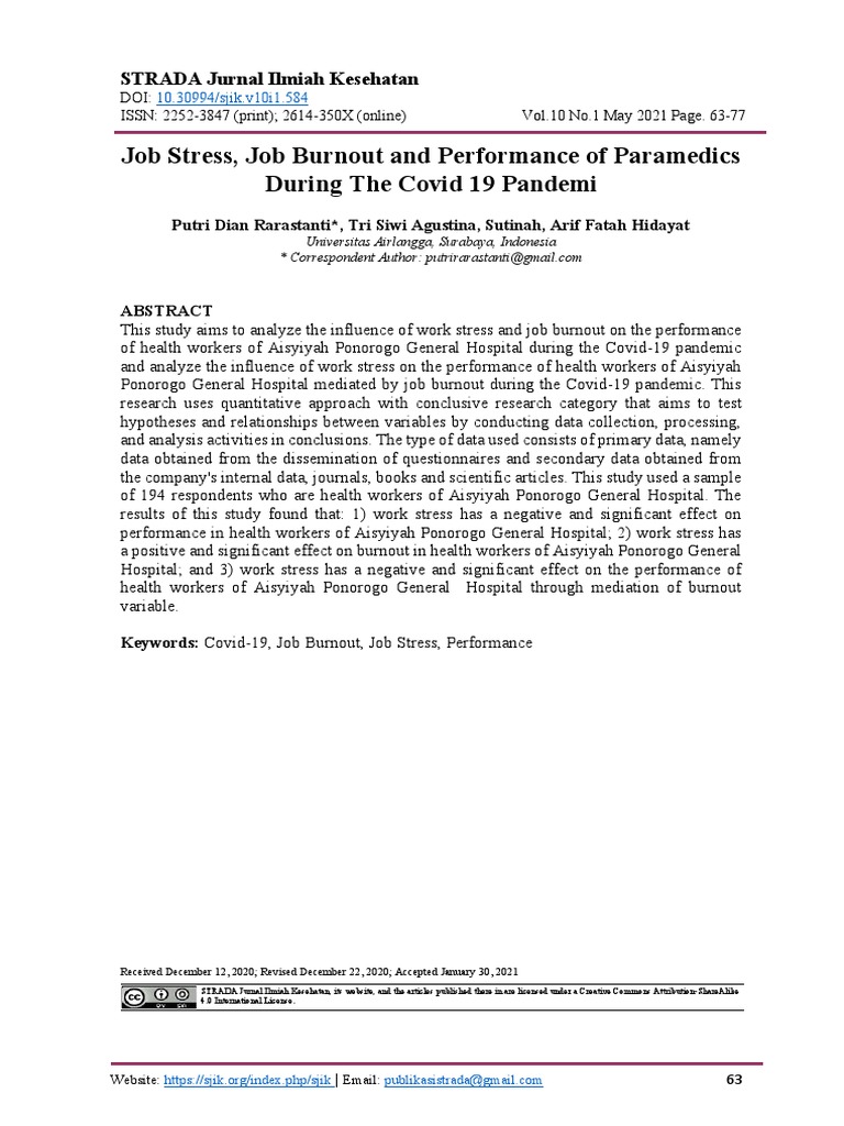 Job Stress, Job Burnout and Performance of Paramedics During The Covid ...