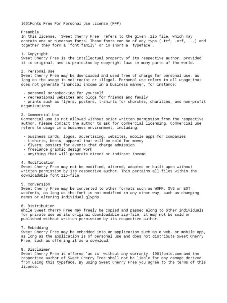 1001fonts Sweet Cherry Free Eula PDF Typefaces Intellectual Works