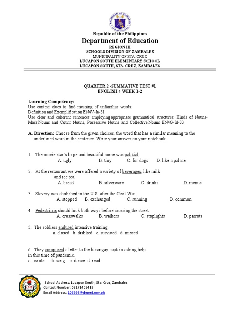 English 4 Summative Test Week 1-2 | PDF | Syntax | Language Mechanics