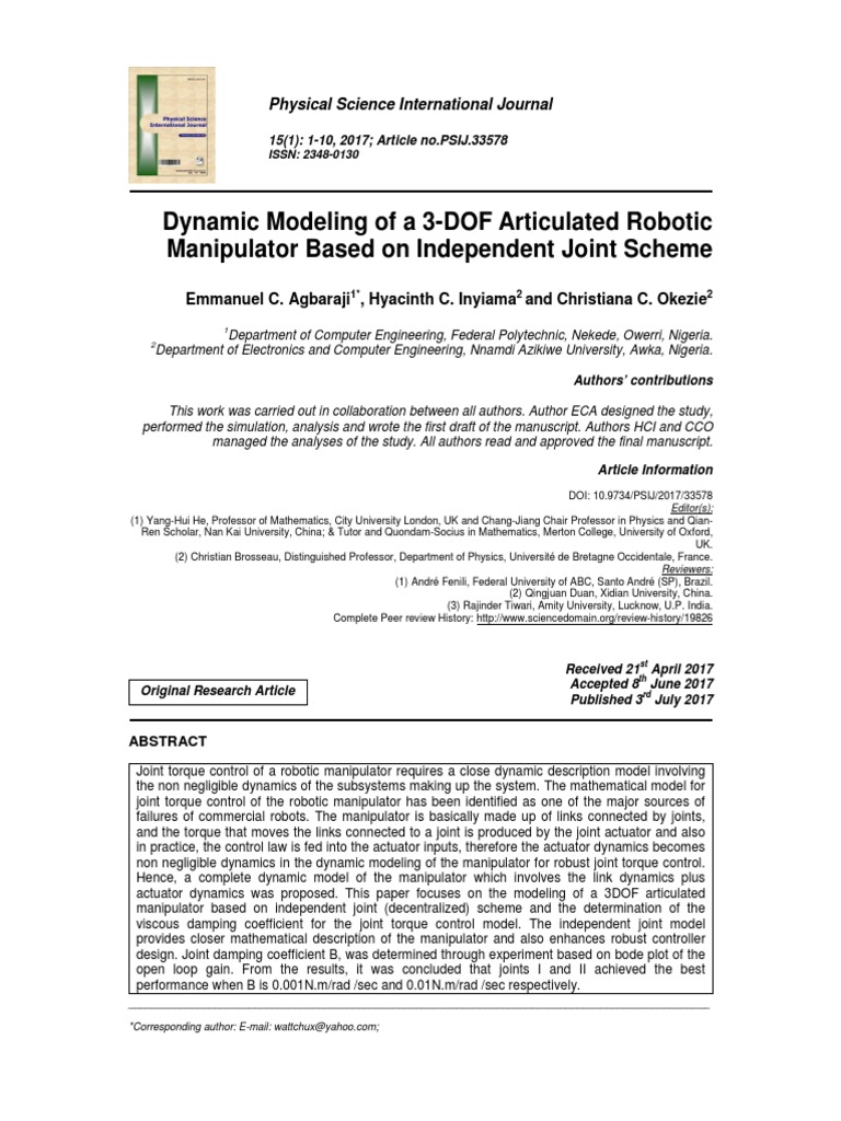 Dynamic Modeling of A 3-DOF Articulated Robotic Manipulator Based On ...