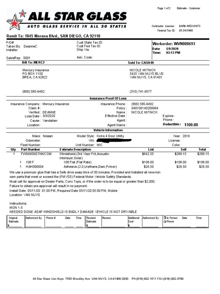 Mercury Insurance Windshield Estimate | PDF | Insurance | Services ...