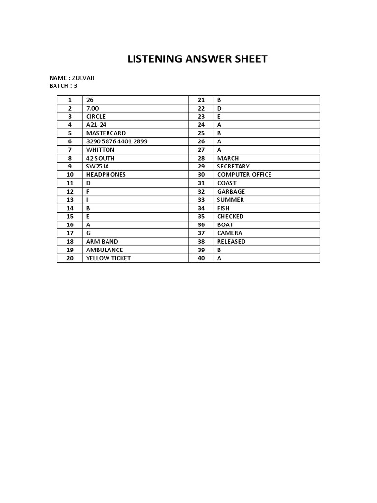 Listening Answer Sheet (Oct 24)
