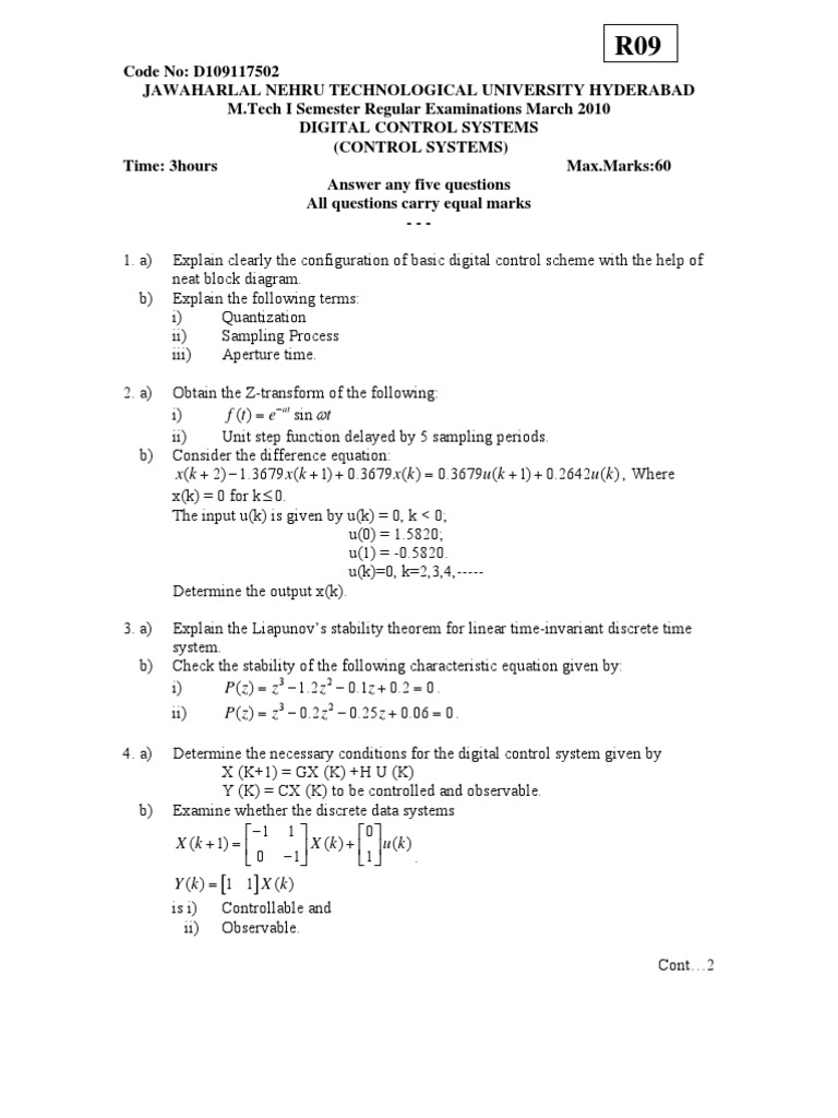 M.Tech Digital Control Systems Exam 2010 | PDF | Control Theory ...