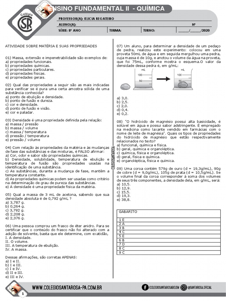 Atividade sobre Propriedades da Matéria | PDF | Densidade | Substancias ...