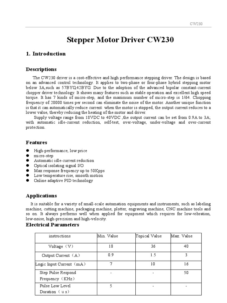 Stepper Motor Driver CW230: Descriptions | PDF | Electric Motor | Power ...