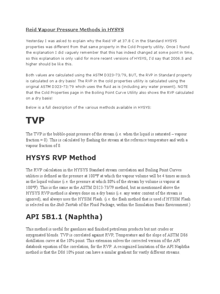 An Explanation of Different Reid Vapor Pressure Methods in HYSYS and ...