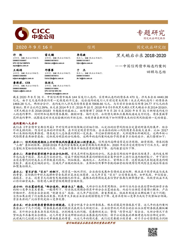 中金公司中国信用债市场违约案例回顾与总结：黑天鹅启示录2018~2020 | PDF