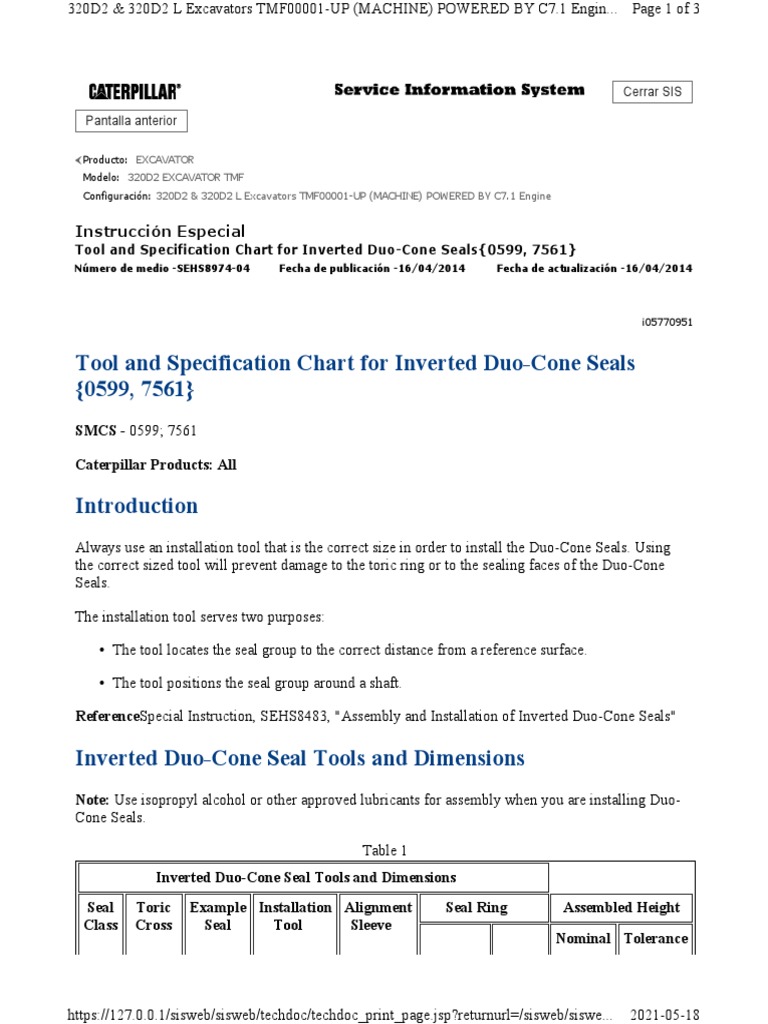 Tool and Specification Chart For Inverted Duo-Cone Seals (0599, 7561 ...