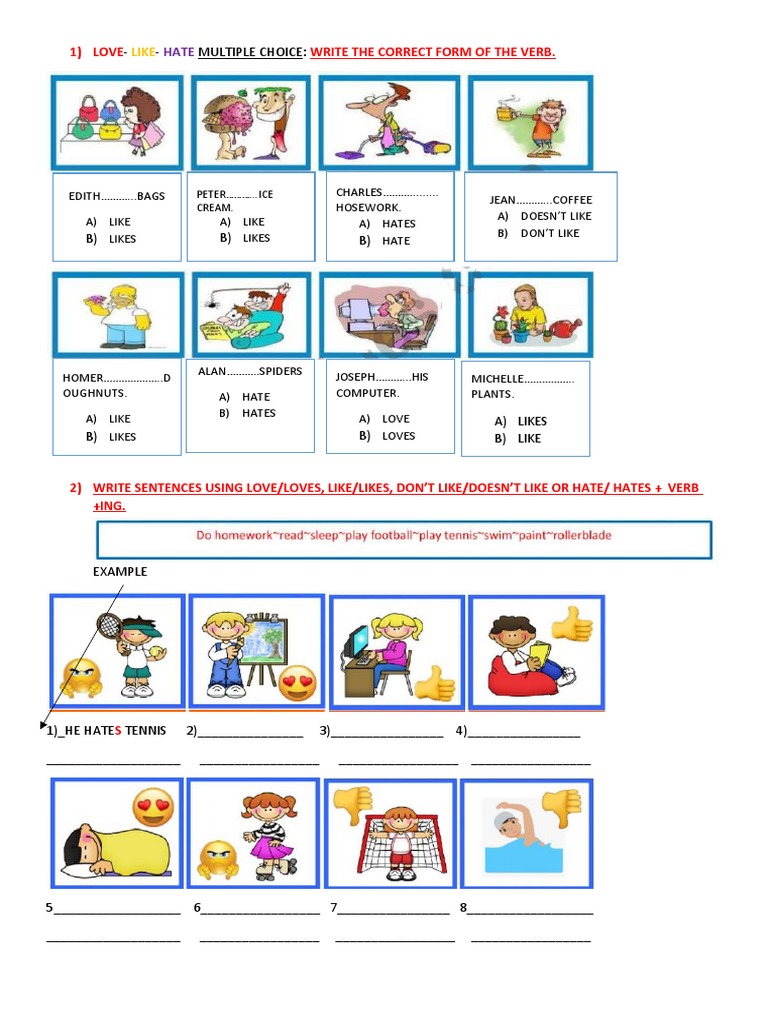 Verb Tense and Form Practice: Love, Like, Hate Multiple Choice and ...