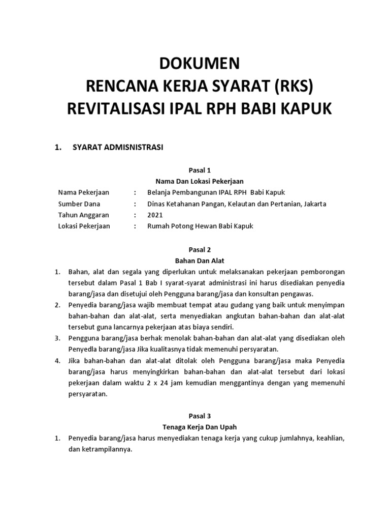 Dokumen RKS Revit IPAL RPH Babi 22 Maret 2021 | PDF