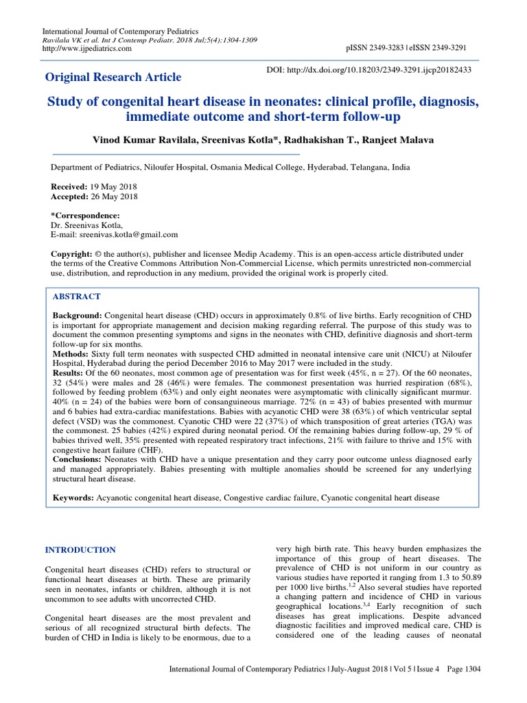 Study of Congenital Heart Disease in Neonates: Clinical Profile ...