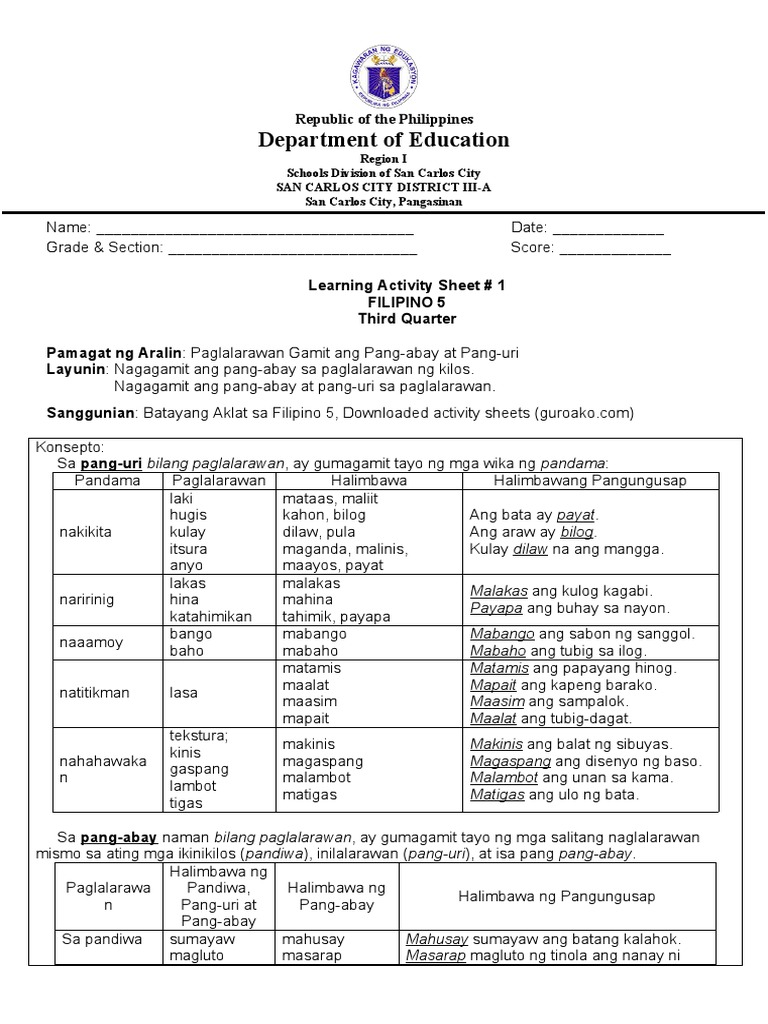 LAS No. 1 FILIPINO 5 (3rd Quarter) | PDF