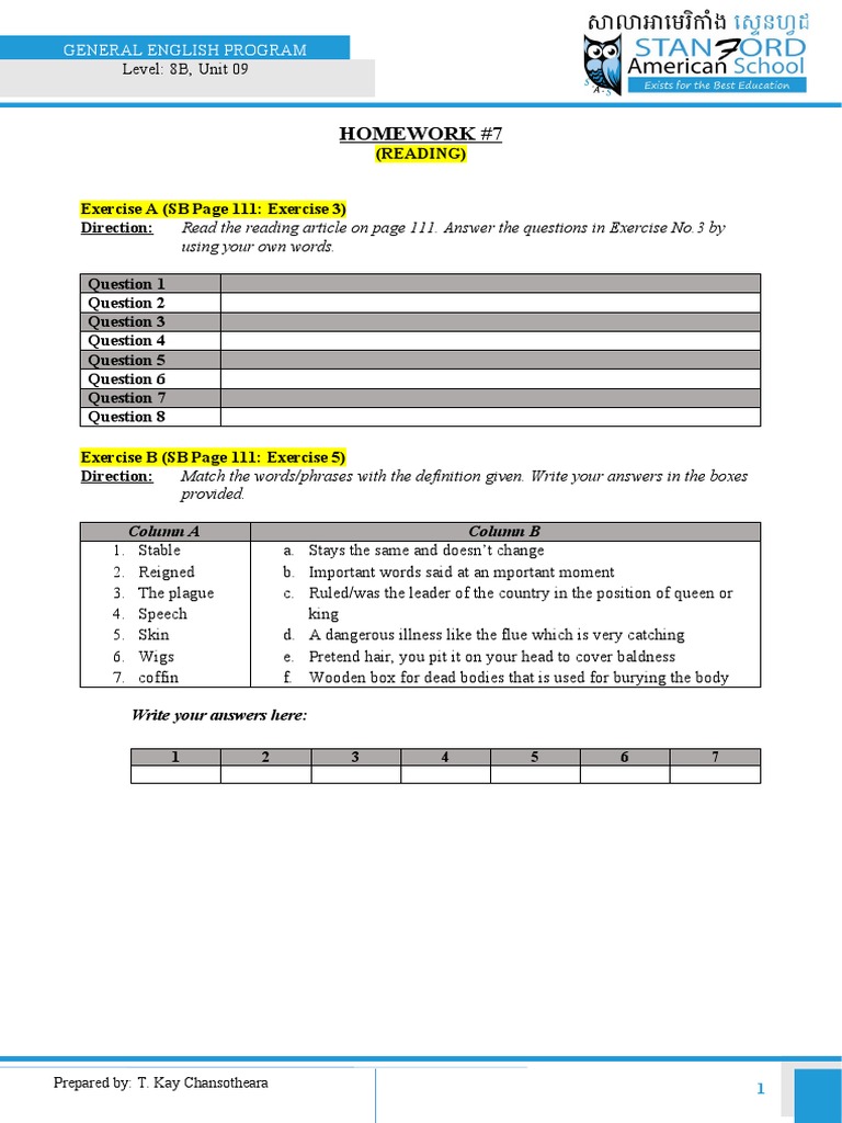 English Homework: Reading & Vocabulary | PDF