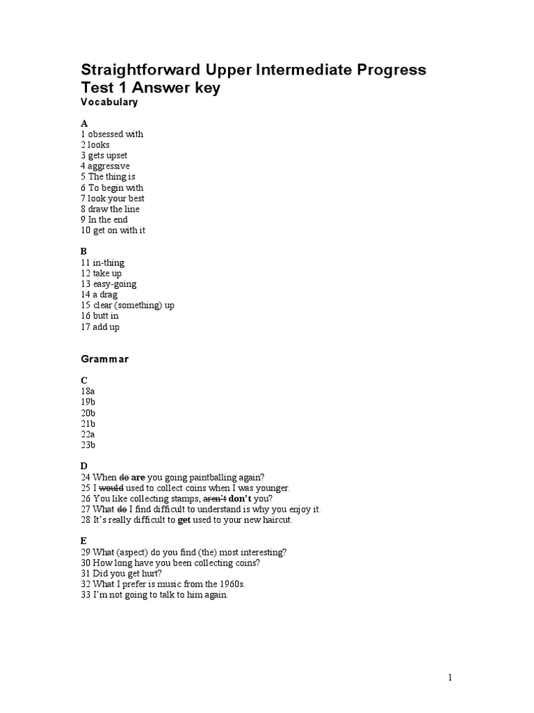 Upper Intermediate Progress Test 1 Key | PDF