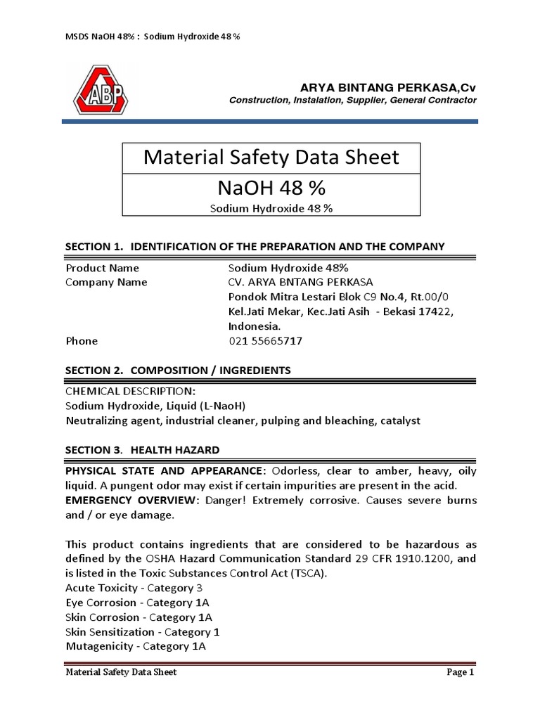 Material Safety Data Sheet for 48 Sodium Hydroxide Solution PDF