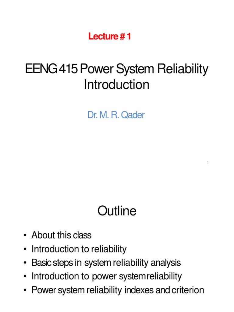 EENG415 Power System Reliability Lecture 1 PDF Electric Power