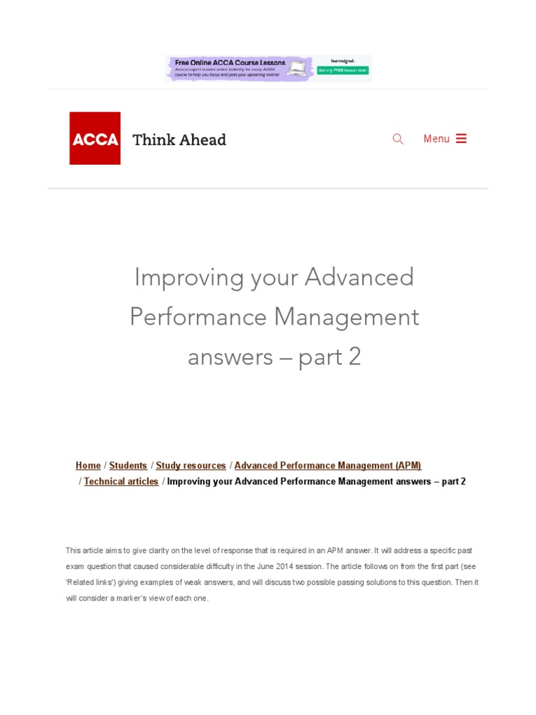 Improving Your Advanced Performance Management Answers - P5 Adv | PDF ...