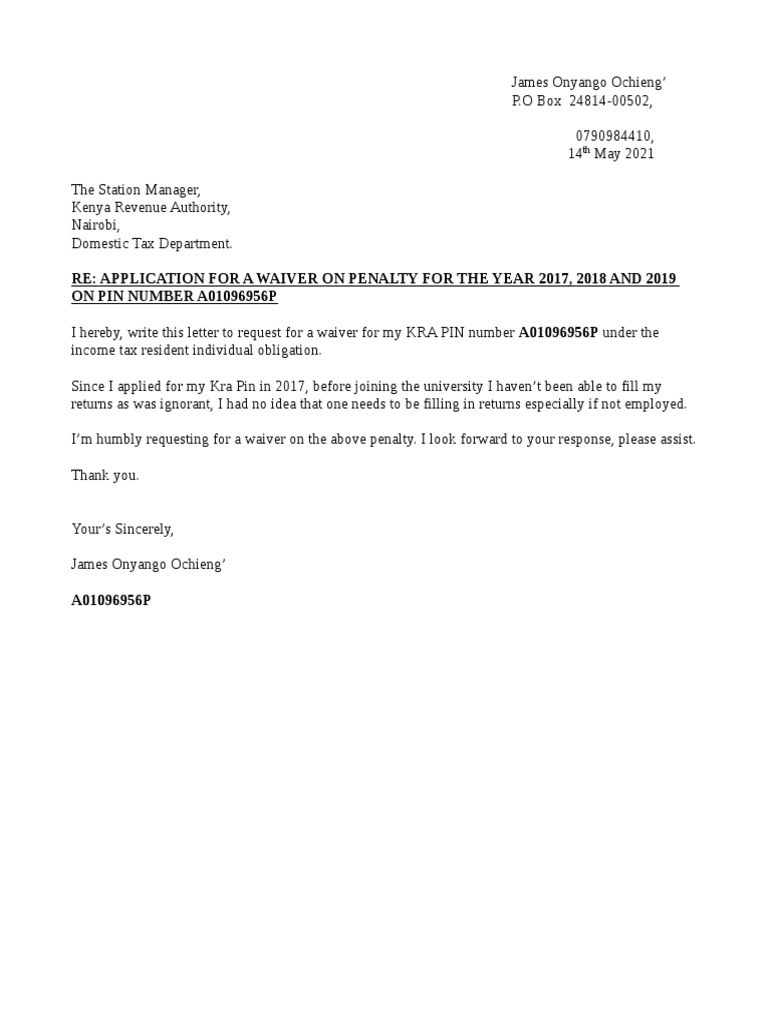 Re: Application For A Waiver On Penalty For The Year 2017, 2018 