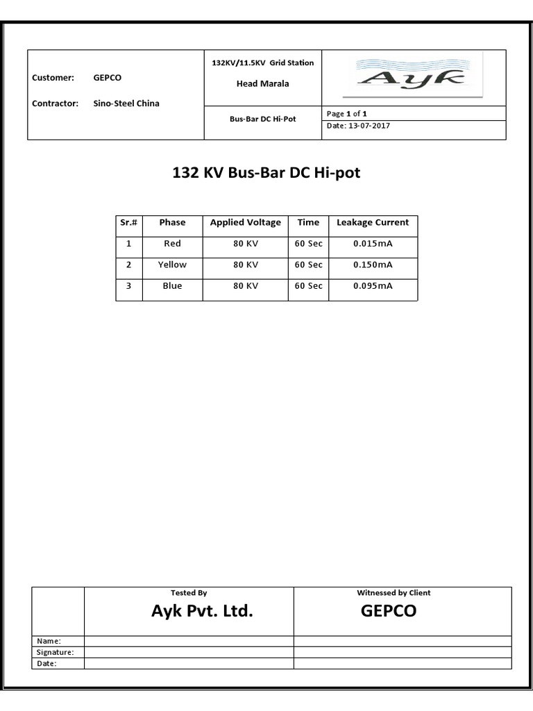 132 KV Busbar DC Hipot | PDF